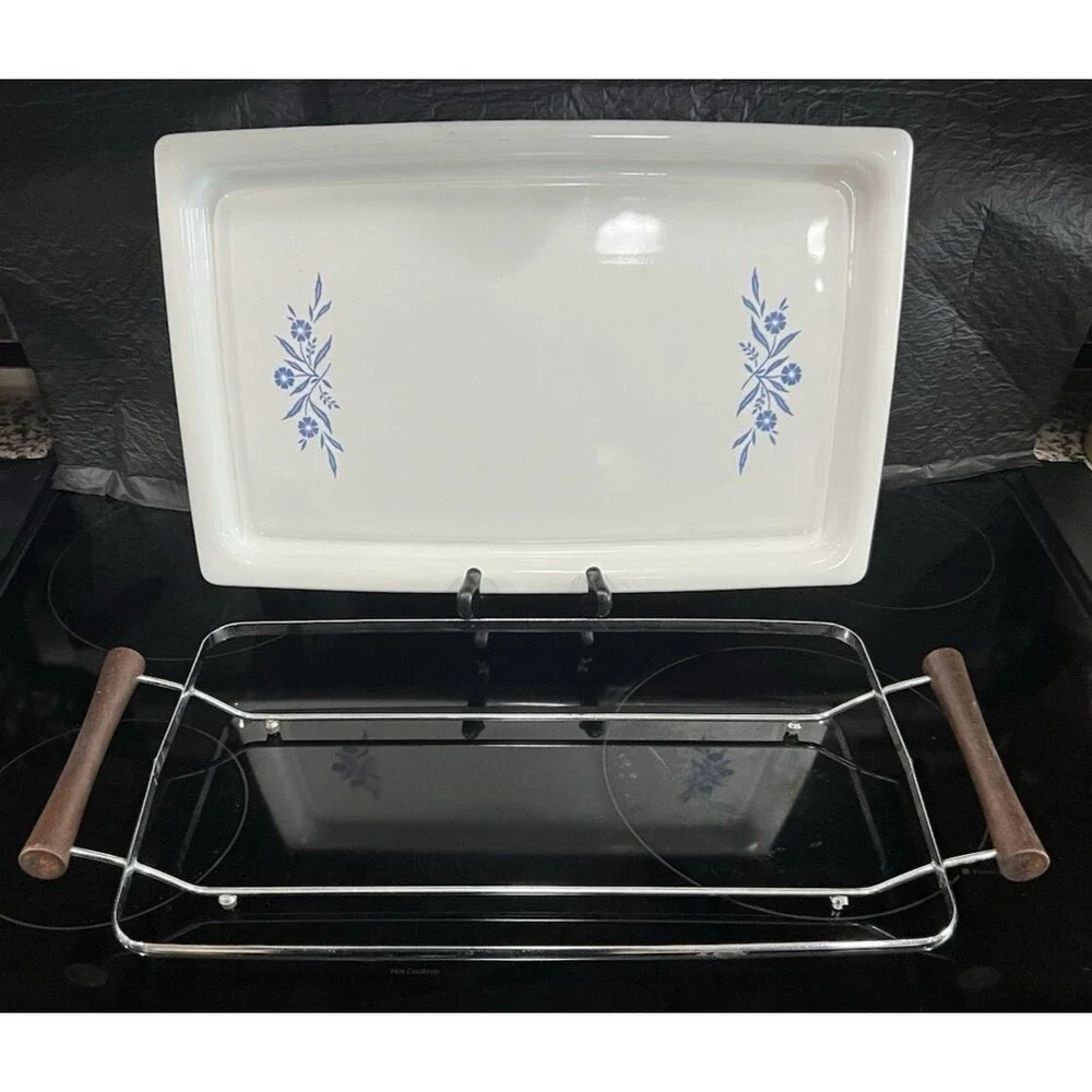 Vtg Corning Ware Blue Cornflower Broil Bake Tray P-35-B w/ Cradle 16x10 Roaster